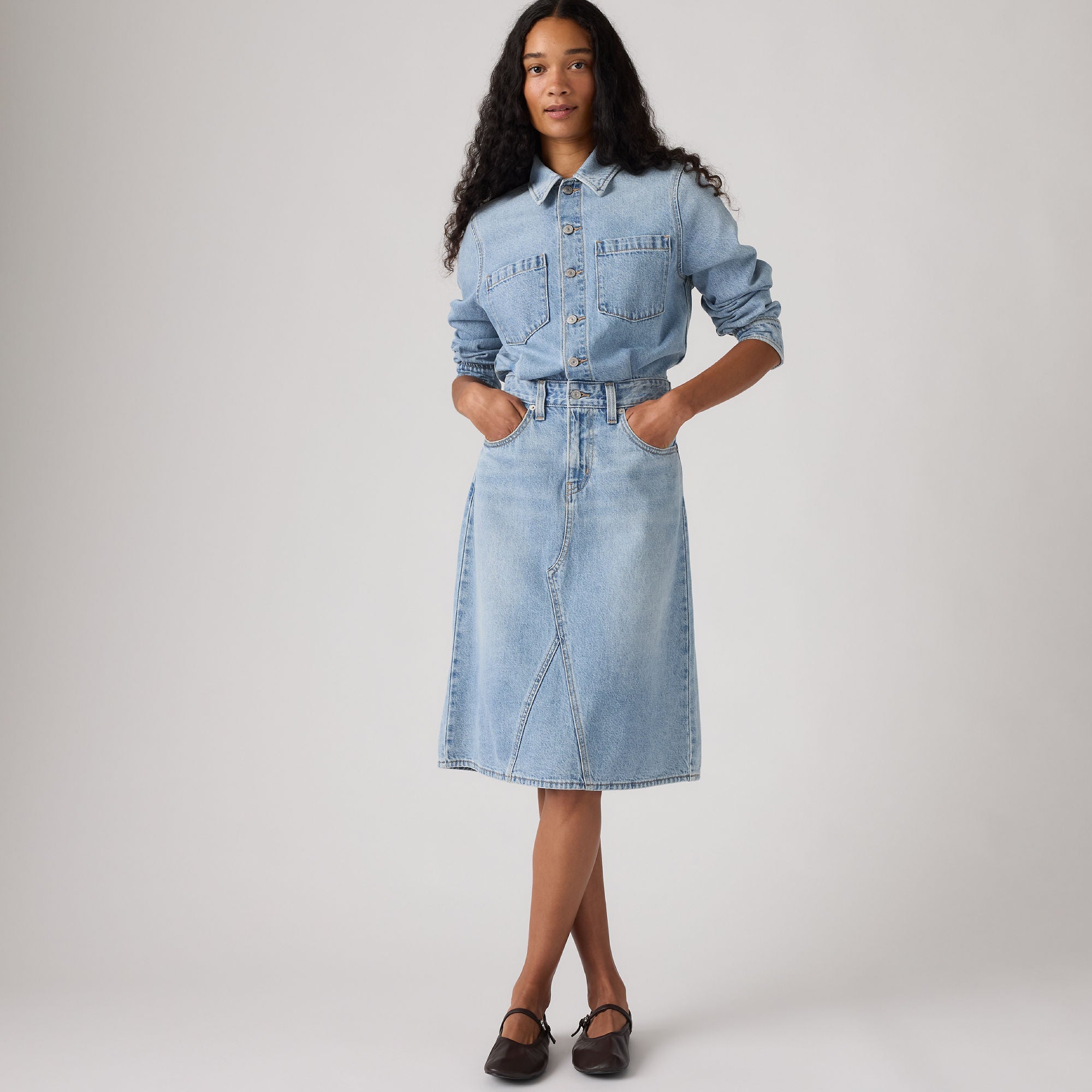 a line denim shirt dress Levi's® Women's A-Line Western - Light Indigo - Worn In White Backless Plunge Backless IsBackInStock : 1 Color:Cobalt Perfect for everyday wear